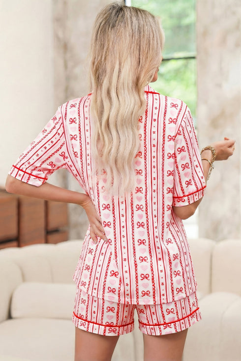 Heart Print Ribbon Bow Ruffled Viscose Pajama Set