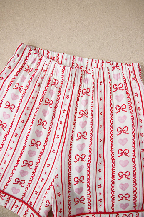 Heart Print Ribbon Bow Ruffled Viscose Pajama Set