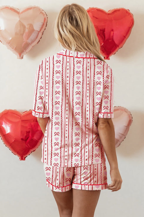 Heart Print Ribbon Bow Ruffled Viscose Pajama Set