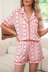 Heart Print Ribbon Bow Ruffled Viscose Pajama Set
