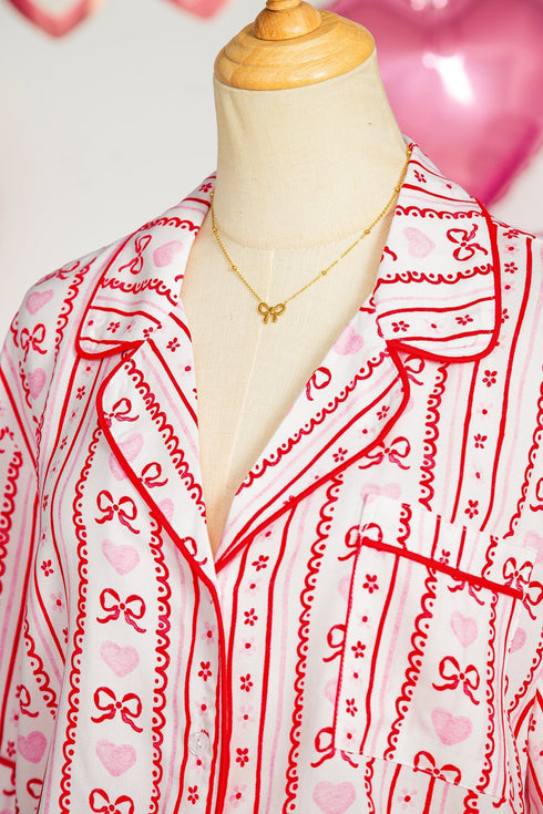 Heart Print Ribbon Bow Ruffled Viscose Pajama Set