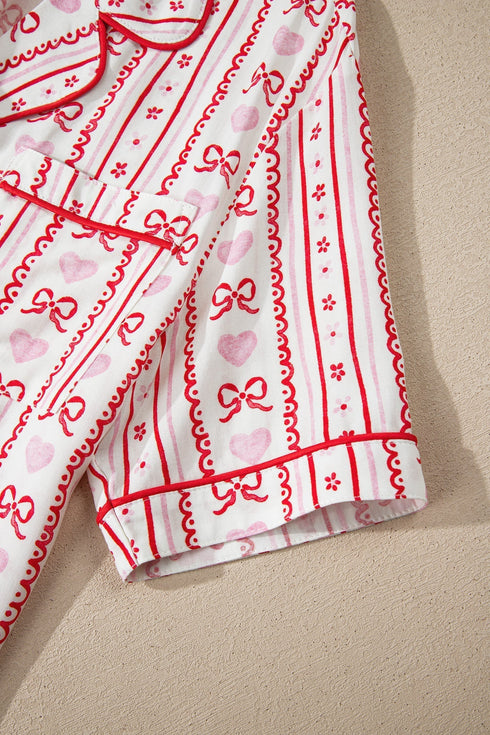 Heart Print Ribbon Bow Ruffled Viscose Pajama Set