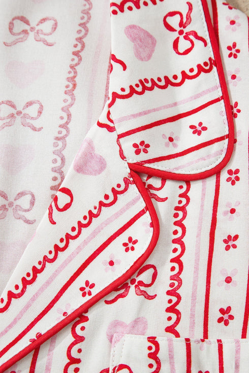 Heart Print Ribbon Bow Ruffled Viscose Pajama Set