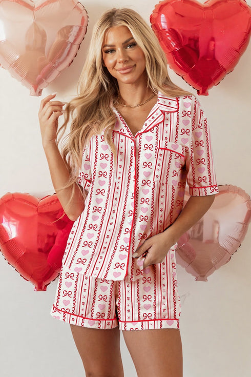 Heart Print Ribbon Bow Ruffled Viscose Pajama Set