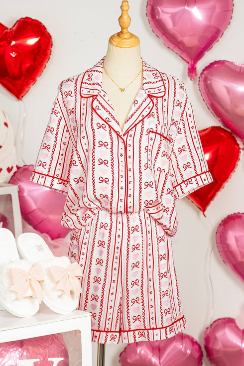 Heart Print Ribbon Bow Ruffled Viscose Pajama Set