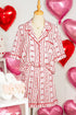 Heart Print Ribbon Bow Ruffled Viscose Pajama Set