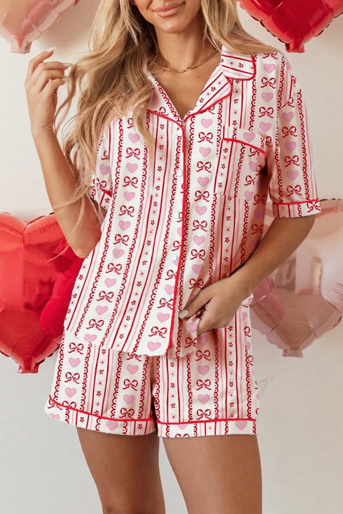 Heart Print Ribbon Bow Ruffled Viscose Pajama Set