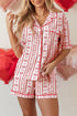 Heart Print Ribbon Bow Ruffled Viscose Pajama Set