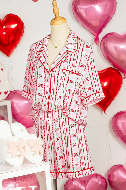 Heart Print Ribbon Bow Ruffled Viscose Pajama Set