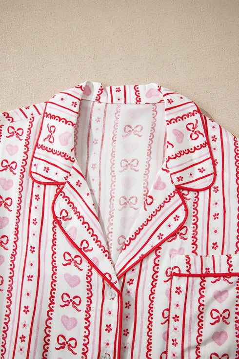 Heart Print Ribbon Bow Ruffled Viscose Pajama Set