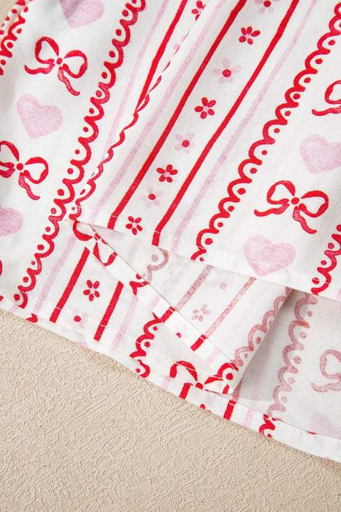 Heart Print Ribbon Bow Ruffled Viscose Pajama Set