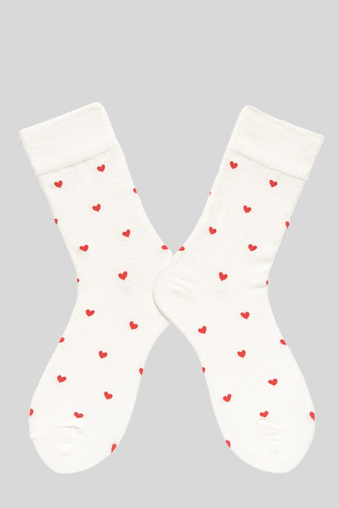 Heart Print Ruffle Cuff Cotton Crew Socks