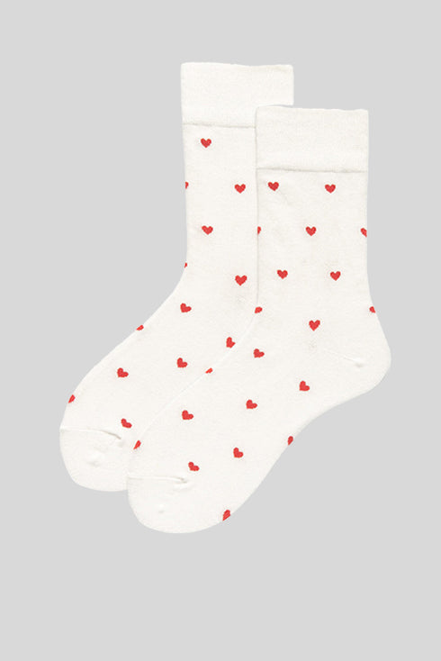 Heart Print Ruffle Cuff Cotton Crew Socks