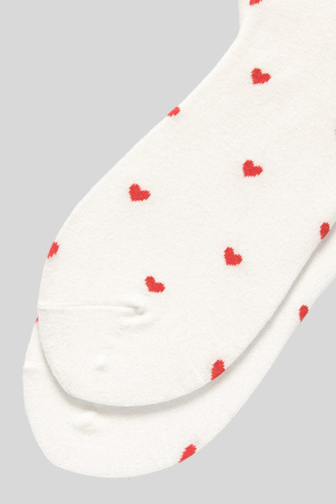 Heart Print Ruffle Cuff Cotton Crew Socks