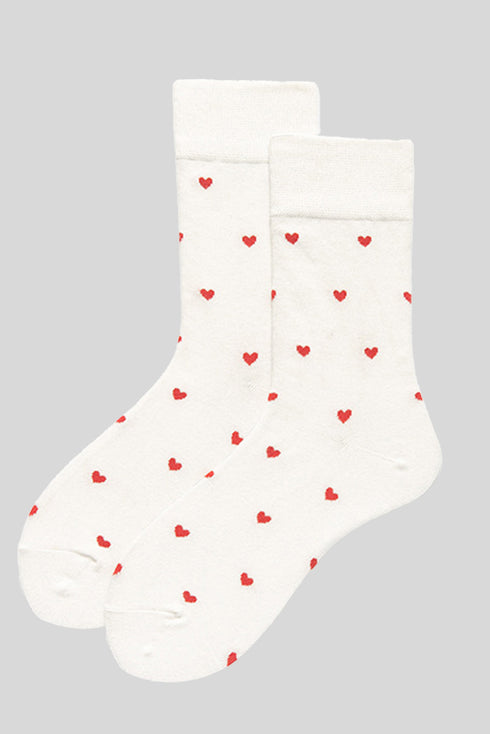 Heart Print Ruffle Cuff Cotton Crew Socks
