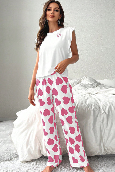 Heart Print Ruffle Strap Peplum Tank Lounge Set