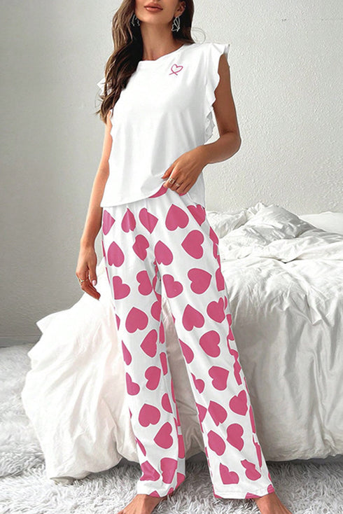 Heart Print Ruffle Strap Peplum Tank Lounge Set