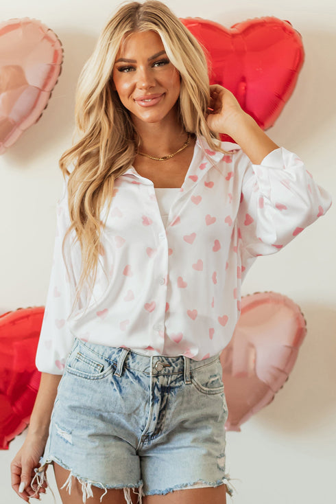 Heart Print Satin Long Sleeve Button Down Shirt