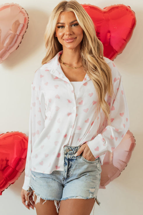 Heart Print Satin Long Sleeve Button Down Shirt