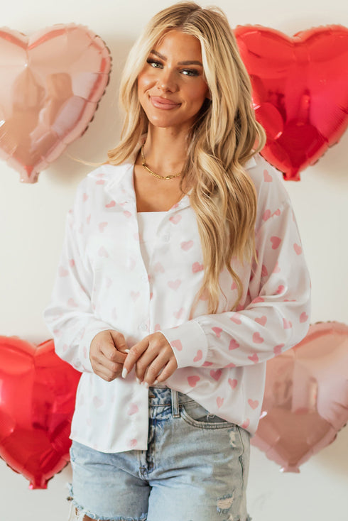 Heart Print Satin Long Sleeve Button Down Shirt