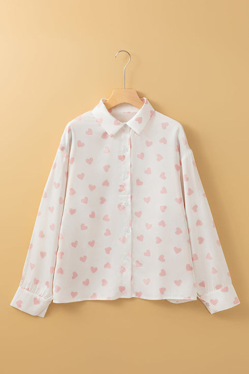 Heart Print Satin Long Sleeve Button Down Shirt