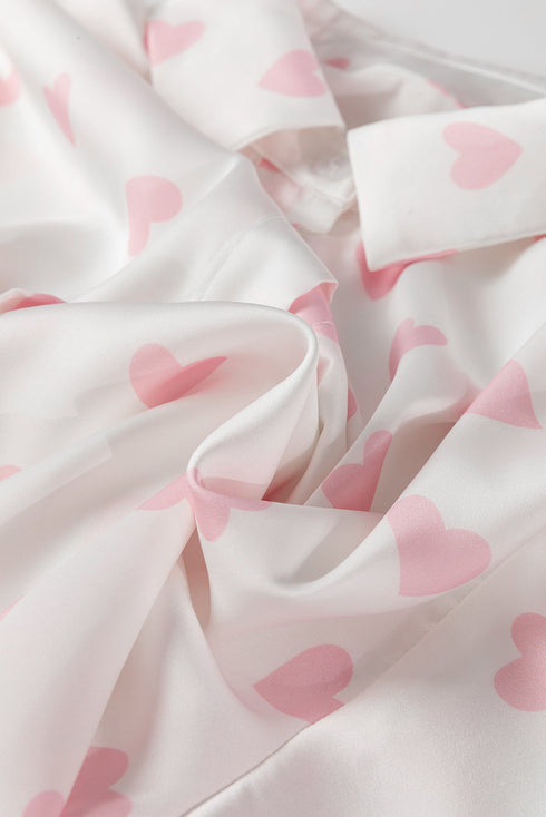 Heart Print Satin Long Sleeve Button Down Shirt