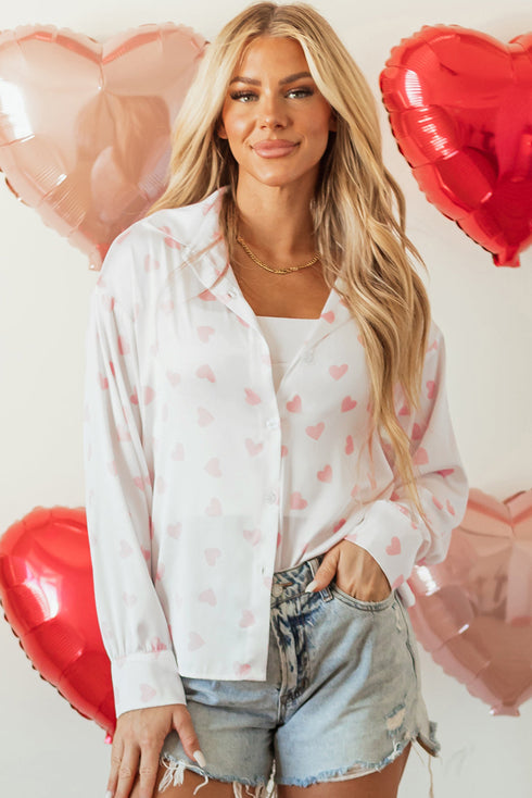 Heart Print Satin Long Sleeve Button Down Shirt