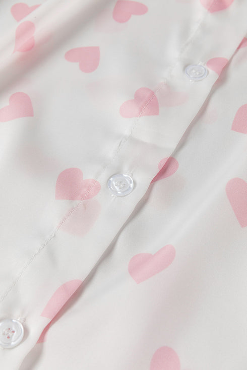 Heart Print Satin Long Sleeve Button Down Shirt