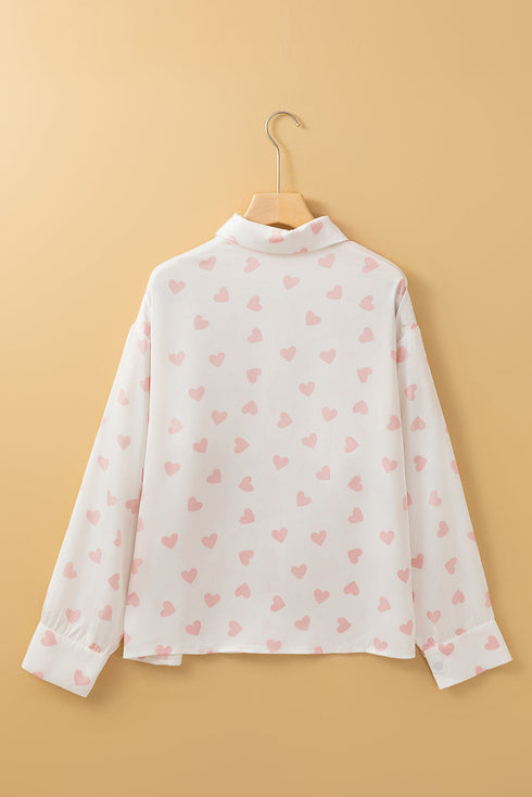 Heart Print Satin Long Sleeve Button Down Shirt