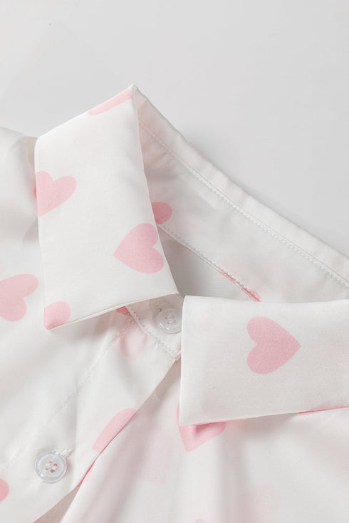 Heart Print Satin Long Sleeve Button Down Shirt