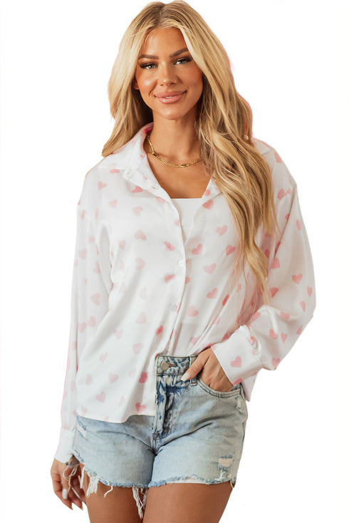 Heart Print Satin Long Sleeve Button Down Shirt