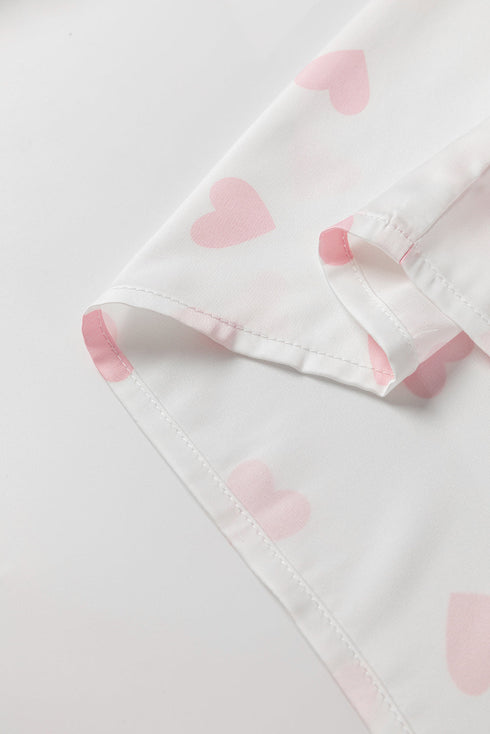 Heart Print Satin Long Sleeve Button Down Shirt
