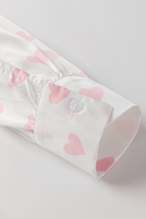 Heart Print Satin Long Sleeve Button Down Shirt