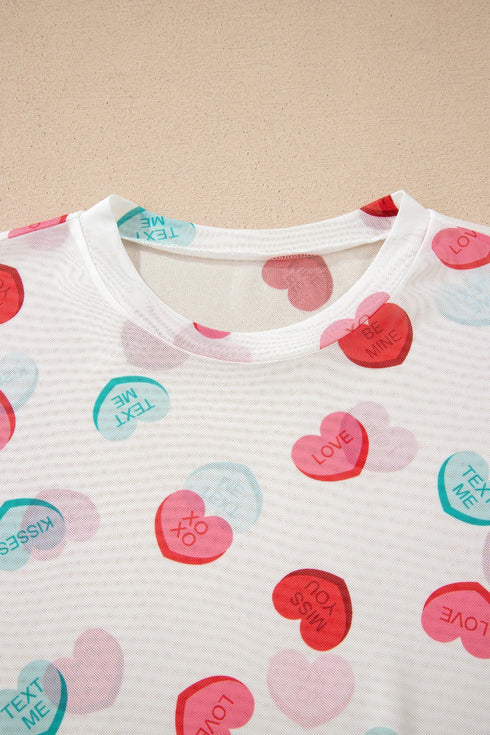 Heart Print Sheer Mesh Long Sleeve Crew Neck Top