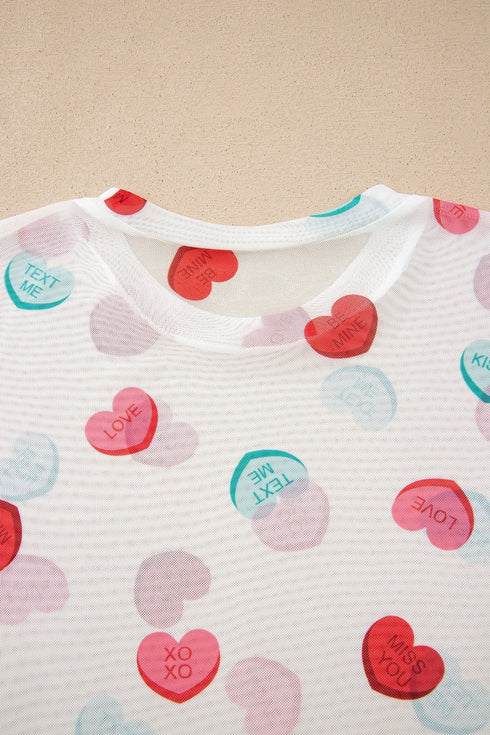 Heart Print Sheer Mesh Long Sleeve Crew Neck Top