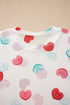 Heart Print Sheer Mesh Long Sleeve Crew Neck Top