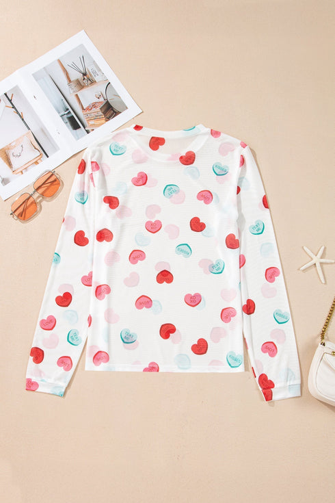Heart Print Sheer Mesh Long Sleeve Crew Neck Top