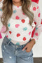 Heart Print Sheer Mesh Long Sleeve Crew Neck Top