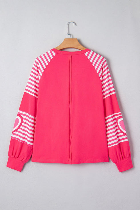 Heart Print Striped Patchwork Long Sleeve Cotton Top