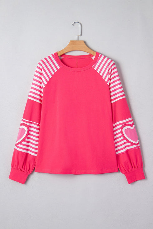 Heart Print Striped Patchwork Long Sleeve Cotton Top