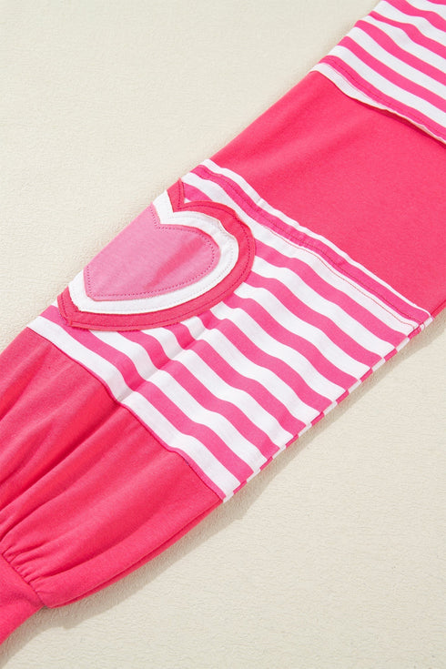 Heart Print Striped Patchwork Long Sleeve Cotton Top