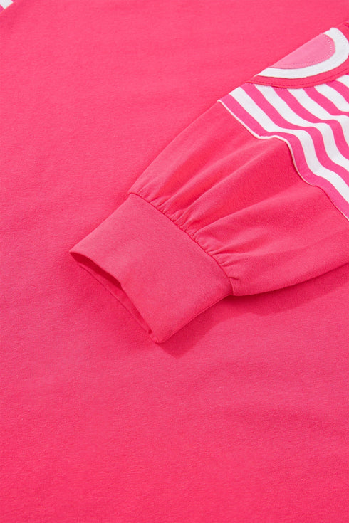 Heart Print Striped Patchwork Long Sleeve Cotton Top
