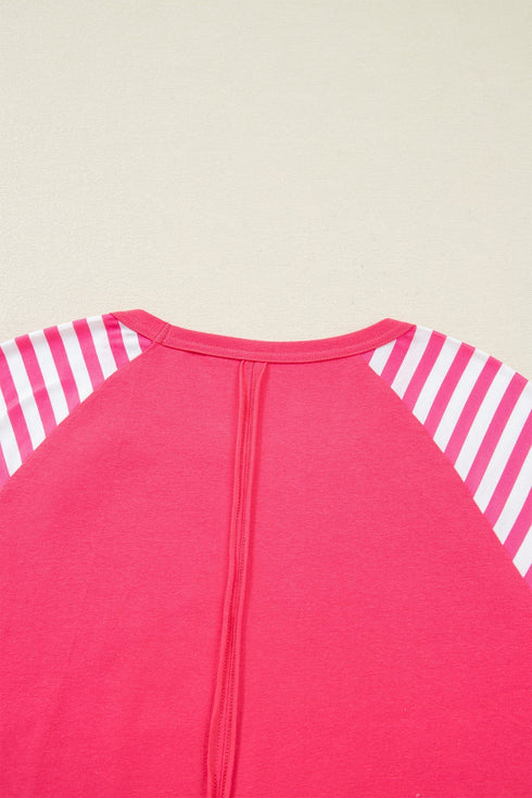 Heart Print Striped Patchwork Long Sleeve Cotton Top