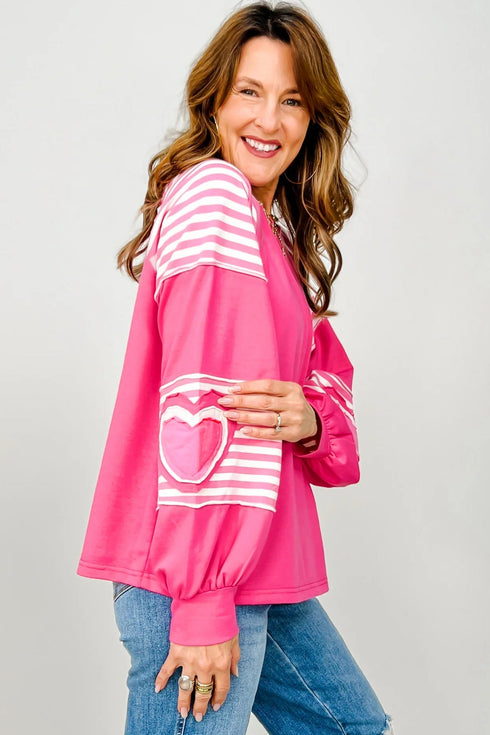 Heart Print Striped Patchwork Long Sleeve Cotton Top