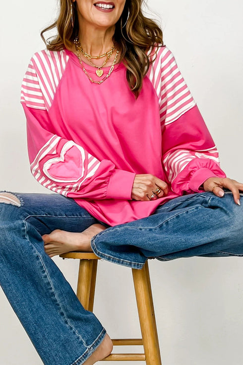 Heart Print Striped Patchwork Long Sleeve Cotton Top