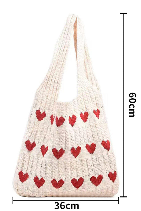Heart Print Woven Knit Large Shoulder Bag