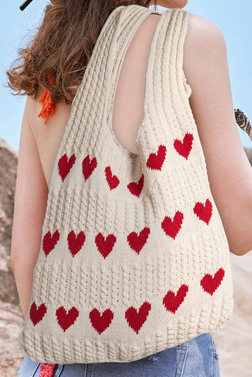 Heart Print Woven Knit Large Shoulder Bag