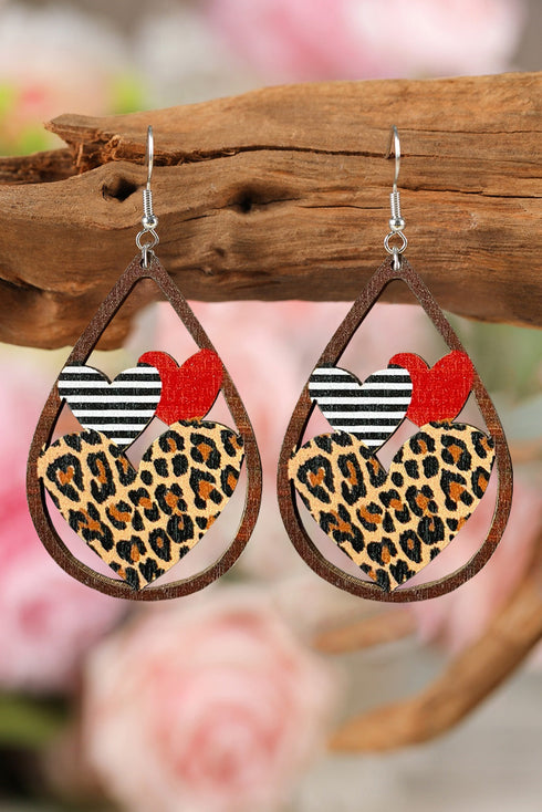 Heart Shaped Wooden Hollow Cutout Animal Pattern Earrings