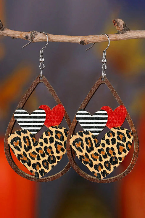 Heart Shaped Wooden Hollow Cutout Animal Pattern Earrings