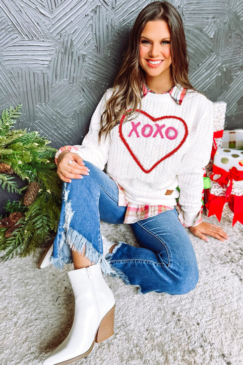 Heart XOXO Chenille Embroidered Textured Sweatshirt